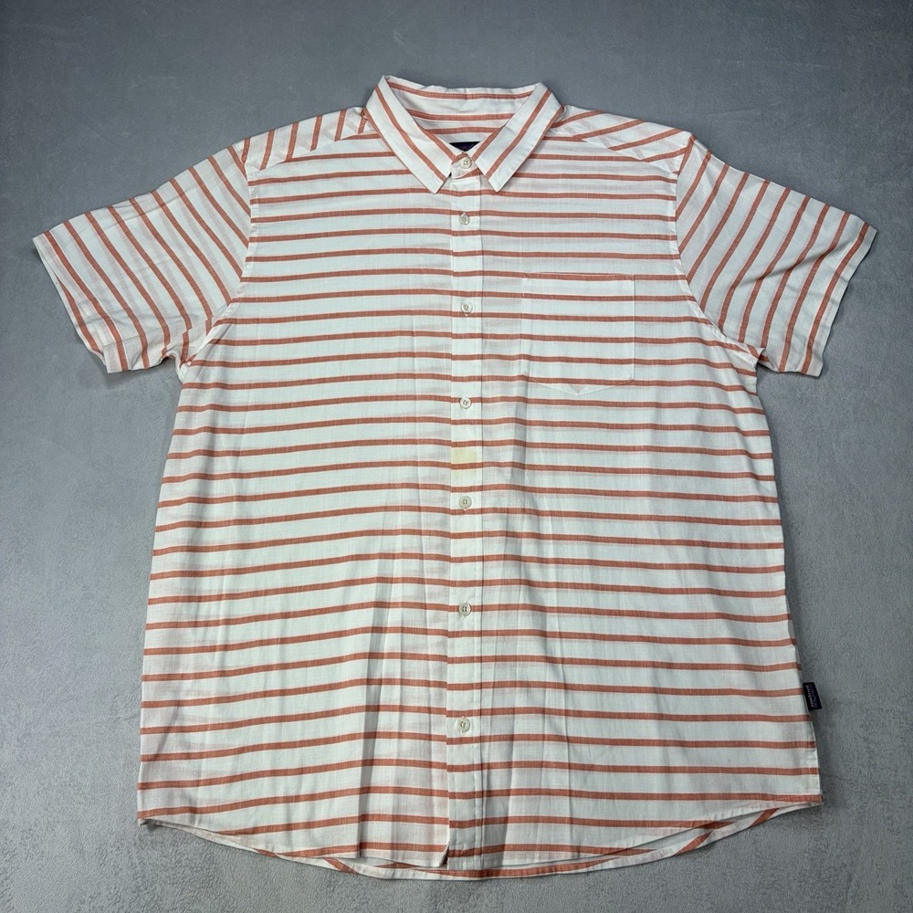Patagonia Men's Shirt Size XL Orange Organic Cotton Short Sleeve Shirt Striped